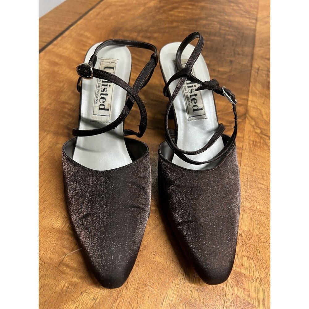 Vtg 90 Kenneth Cole Unlisted 8 Brown Satin Mary Janes‎ Pointed Toe Block Heels
